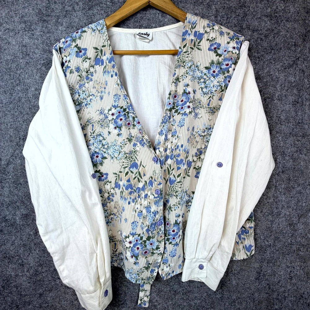 Vintage Tapestry Blouse Vest Women XL Ivory Blue Grandma Classic Floral Tie Back
